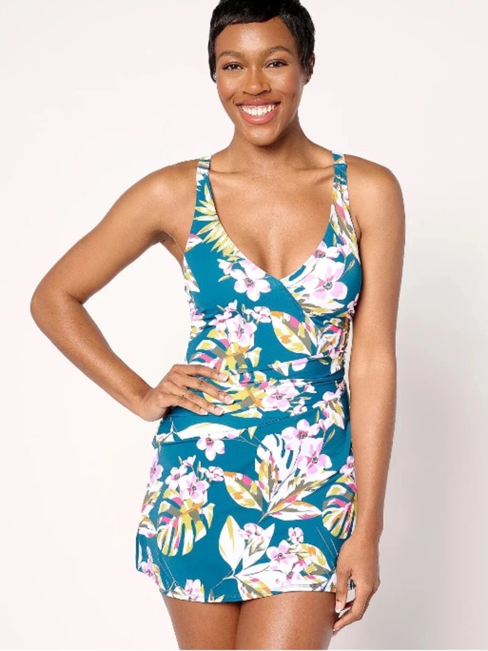 d & co Women’s V-neck Swim Dress Wrap Front Bright Tropical Beach Pool 16 NWOT